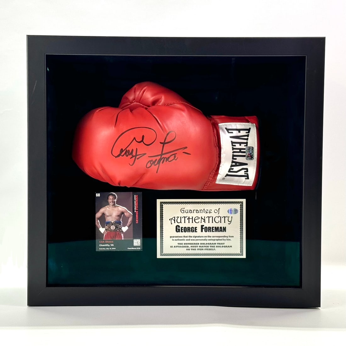 George Foreman Autographed Boxing Glove: Authenticity certified by Collectors Showcase of America, Chantilly, VA and come with George Foreman’s own certificate of authenticity. SHIPPING & PICKUP: All shipping will be through UPS Store #460