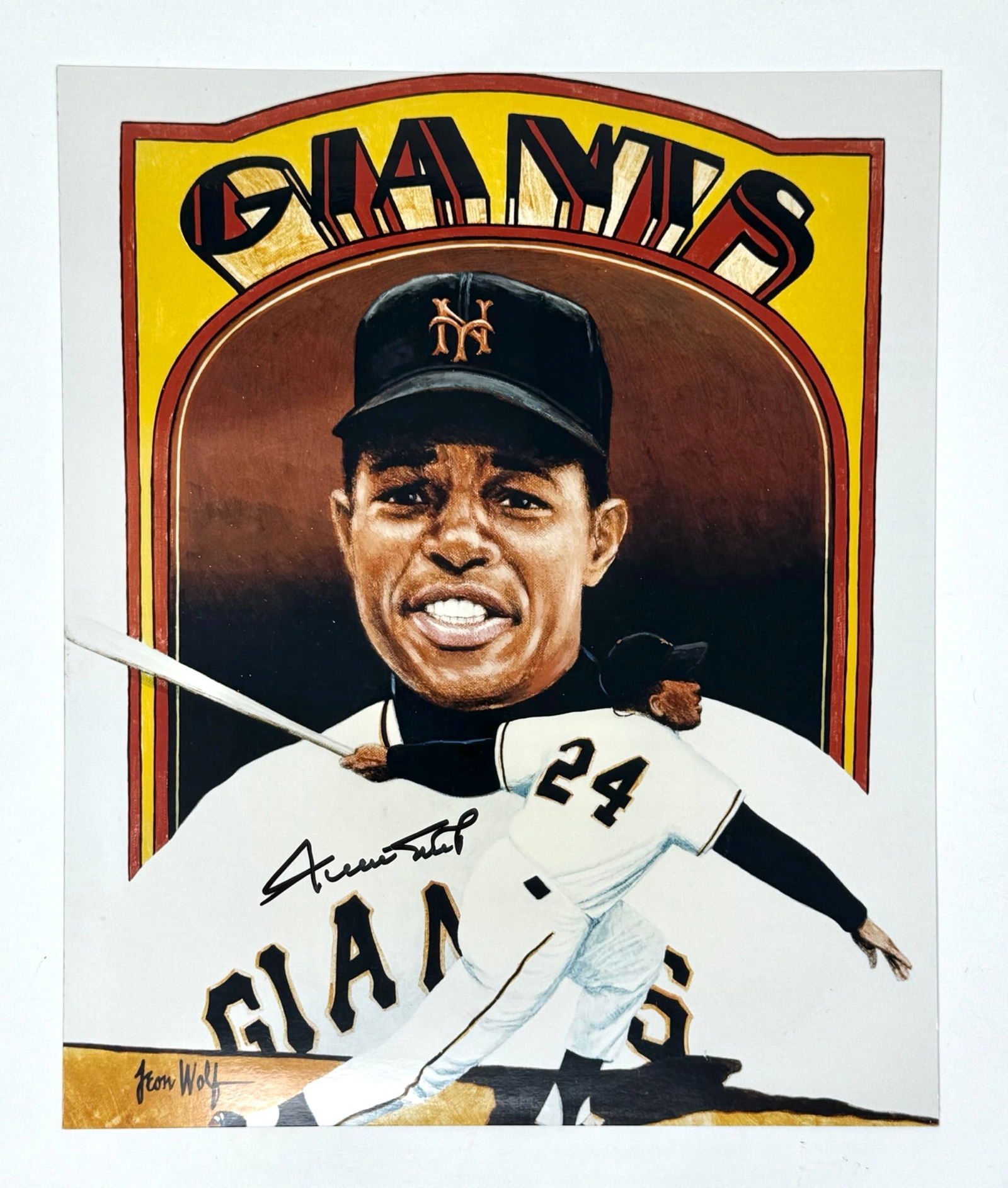 Willie Mays Autographed Leon Wolf 1972 Topps Baseball Card Art Recreation Poster (1 of 2)