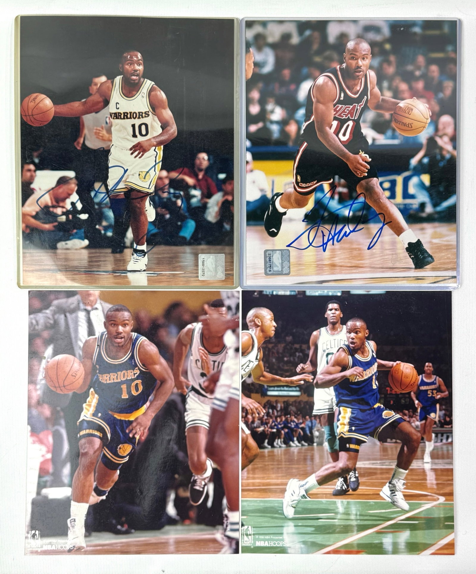 Two Tim Hardaway Warriors Basketball Autographed Photographs: The Golden State Warriors photograph has a certificate of authenticity from Rons Collectors World and the Miami Heat photograph has a certificate from Proco, Inc.. Both autographed photos were origina