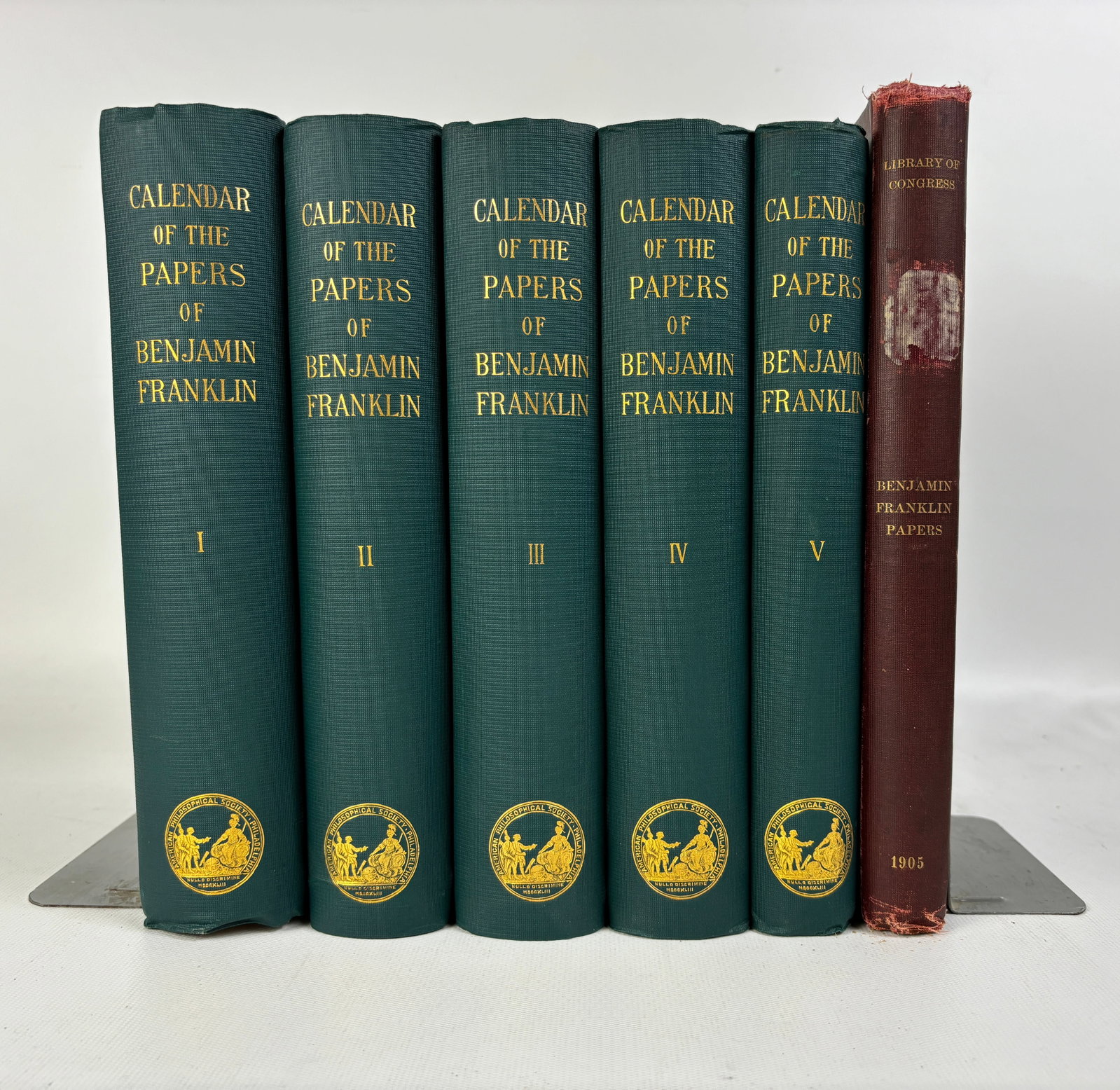 Calendar of the Papers of Benjamin Franklin in the Library of the American Philosophical Society: Calendar of the Papers of Benjamin Franklin in the Library of the American Philosphical Society. Edited by I. Minis Hays. Five volumes. Philadelphia: The American Philosphical Society, 1908. Original 