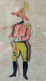 Folk Art Military Portrait of a Naval Officer 1798 Pencil & Paint on Paper