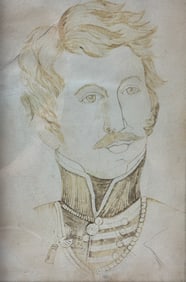 Early 19thC Quill Pen and Ink Portrait Drawing on Paper Handsome Young Military Officer