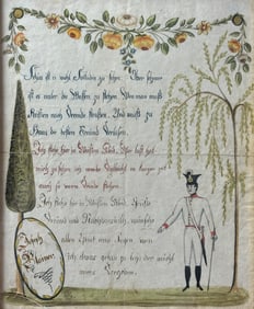 19thC German Framed Hand Decorated Military Tribute Watercolor Honoring Soldier Joseph Zhiner