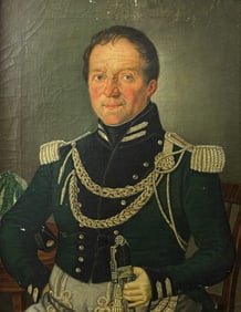 Small 19thC Framed Oil on Canvas Portrait Painting of a Naval Officer w/Dress Sword