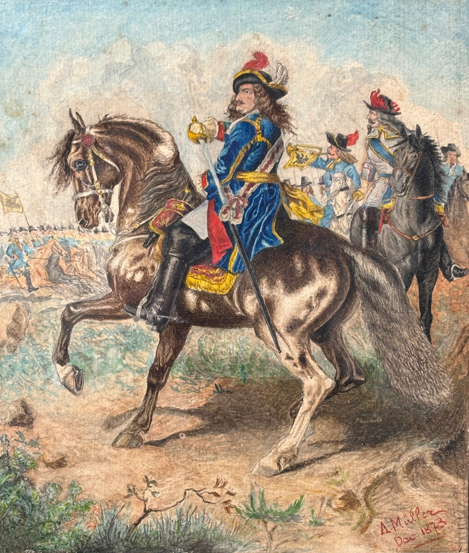 Muller, A. 19thC Framed Watercolor on Paper Painting of Charging Horse Cavalry: Sight size 7 1/2 x 8 3/4. We do not provide in-house shipping! Please reach out to Donald Camden at UPS Store 4608 or refer to our list of preferred shippers for a quote. Donald Camden UPS #4608 - sto