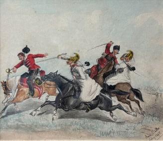 Muller, A. 19thC Framed Watercolor Painting of Horse Cavalry Troops in Battle