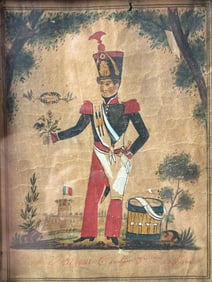 Antique 19thC Framed Watercolor Painting: French Soldier Military Tribute Souvenir