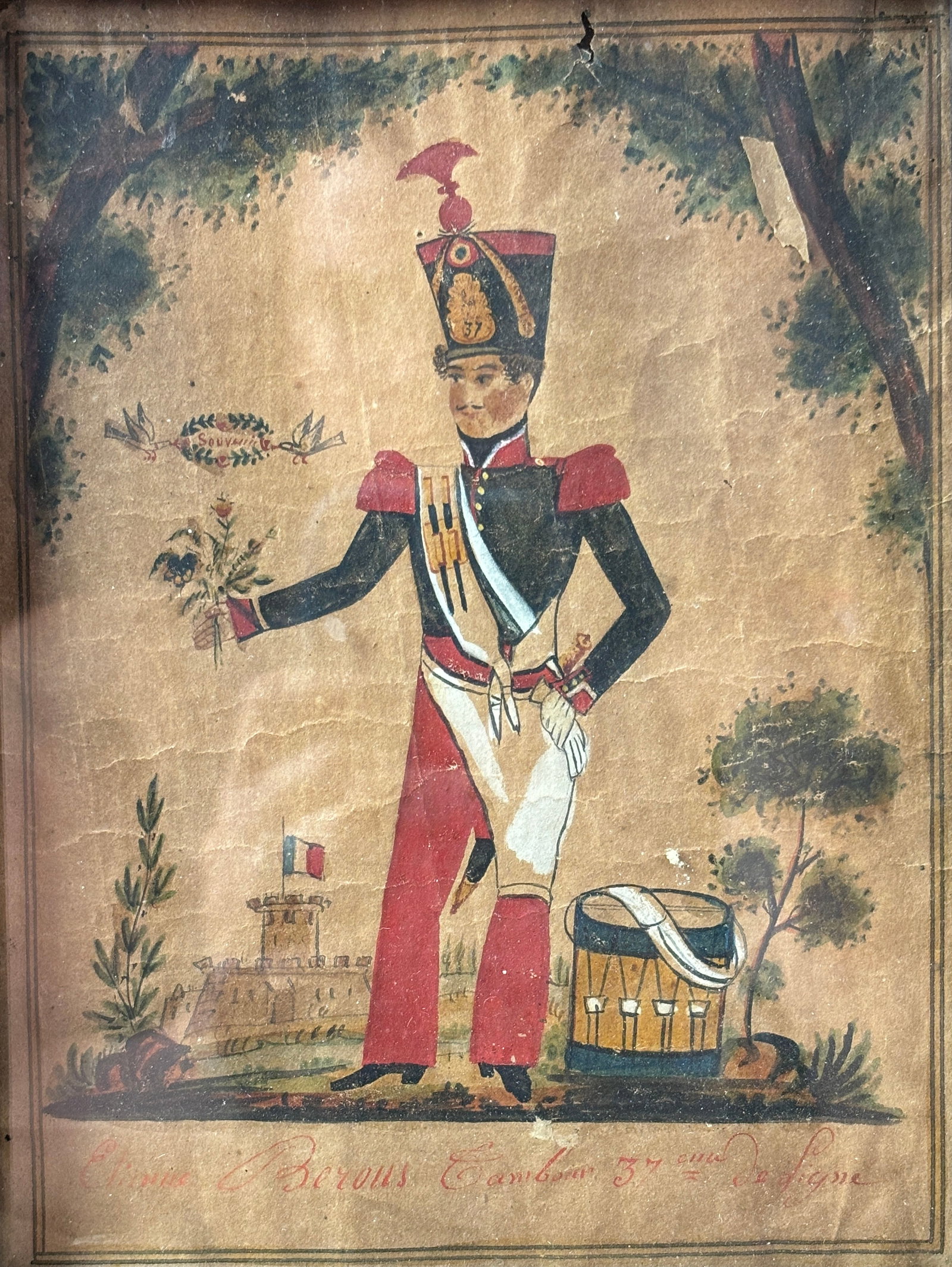 Antique 19thC Framed Watercolor Painting: French Soldier Military Tribute Souvenir: Sight size 5 1/2 x 7 1/2 We do not provide in-house shipping! Please reach out to Donald Camden at UPS Store 4608 or refer to our list of preferred shippers for a quote. Donald Camden UPS #4608 - stor