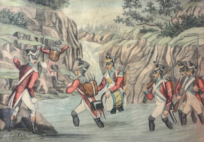 Escher, A.V. 19thC Framed Watercolor Painting on Paper: Soldiers Crossing a Stream