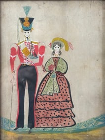 Antique Framed Watercolor on Paper Painting: Young Military Soldier and his Wife