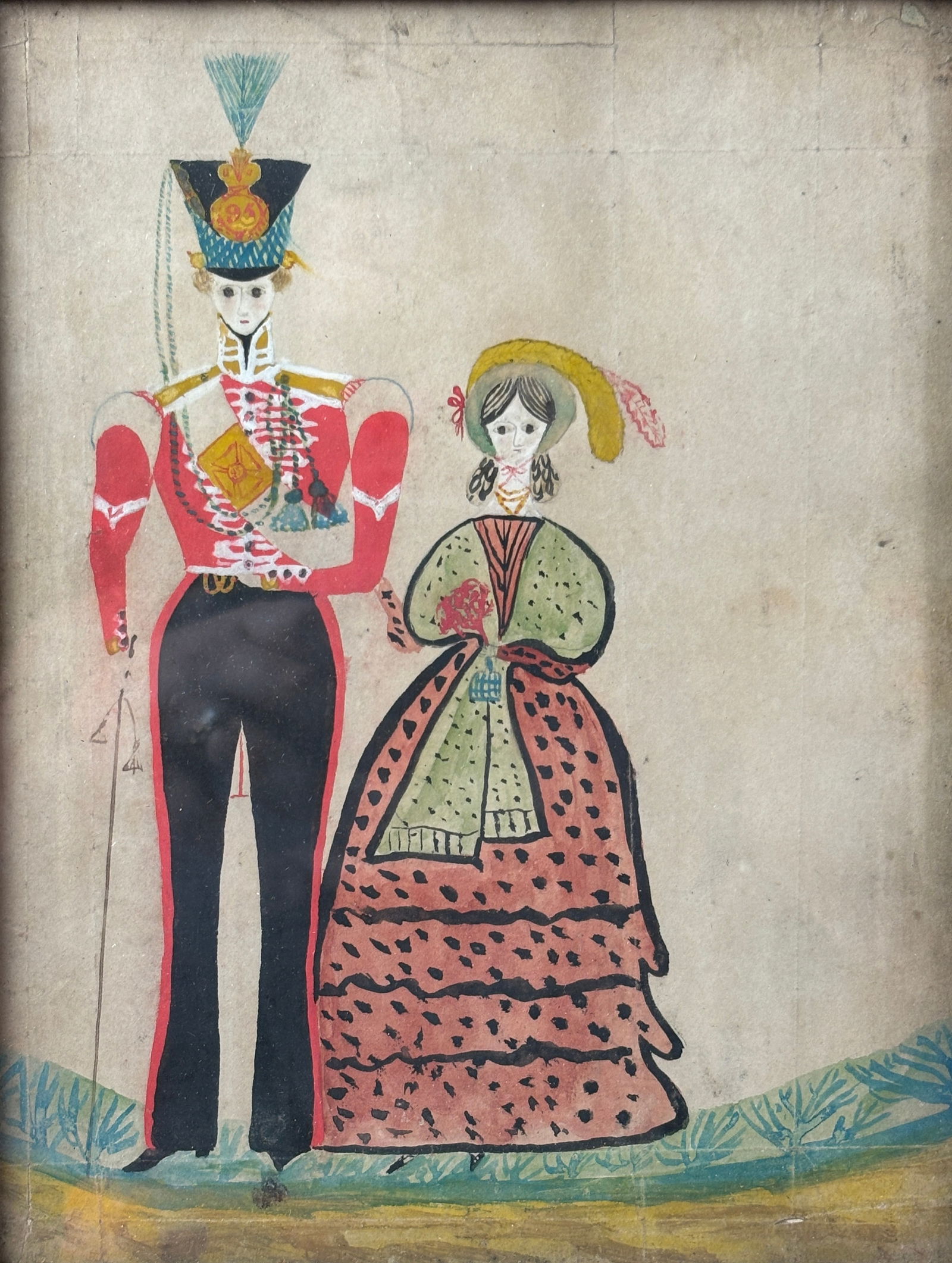 Antique Framed Watercolor on Paper Painting: Young Military Soldier and his Wife (1 of 4)