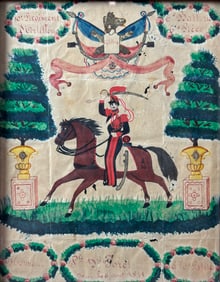 Antique 19thC Framed Watercolor Painting: French Horse Soldier Military Tribute Souvenir