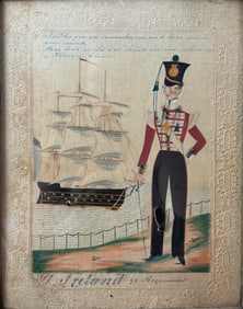 19thC Military Souvenir Sweetheart Keepsake Naive Watercolor Painting Soldier in 98th Regiment