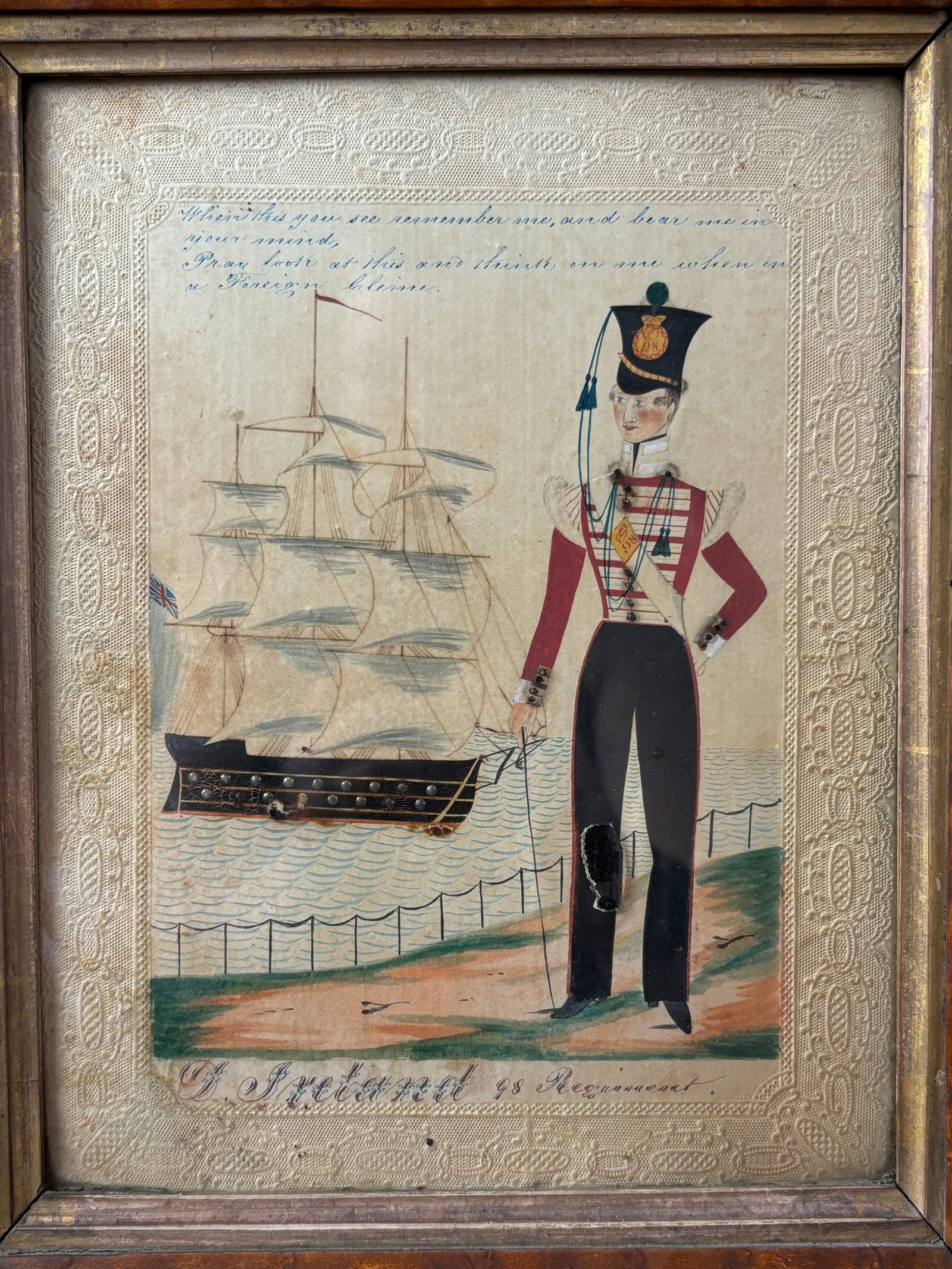 19thC Military Souvenir Sweetheart Keepsake Naive Watercolor Painting Soldier in 98th Regiment (1 of 6)