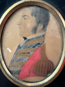 Antique Miniature Watercolor Portrait Painting of a Young Military Officer Soldier