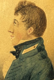 Antique Miniature Watercolor Portrait Painting of a Young Handsome Military Soldier
