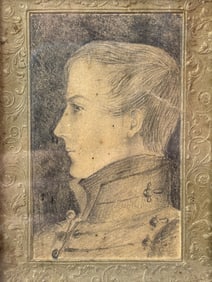 Antique Military Sweetheart Pencil Soldier Miniature Portrait Drawing Dated 1841