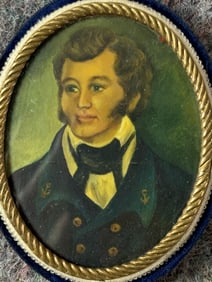 Antique Locket Frame w/Miniature Gouache Watercolor Painting of Naval Officer