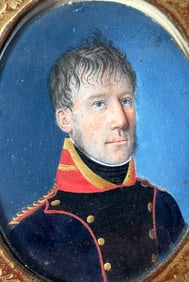 Antique 19thC Framed Miniature Watercolor Portrait Painting: Young Military Officer