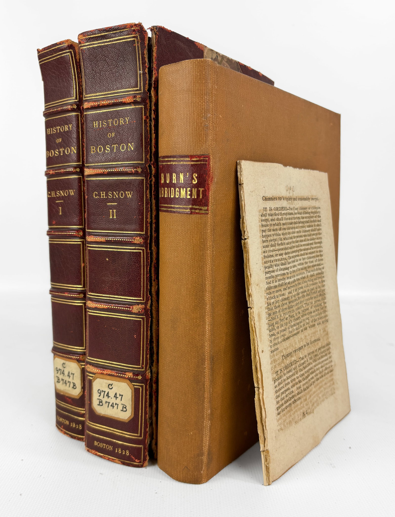 A History of Boston The Metropolis of Massachusetts C.H. Snow 2nd Ed. 1828 + 1773 Burn's Abrdg.: A History of Boston The Metropolis of Massachusetts C.H. Snow 2nd Ed. 1828 w/plates, volume 2 boards detached. 1773 Burn's Abridgment has been rebound. 1805 Additional By-Laws for the Town of Salem pa