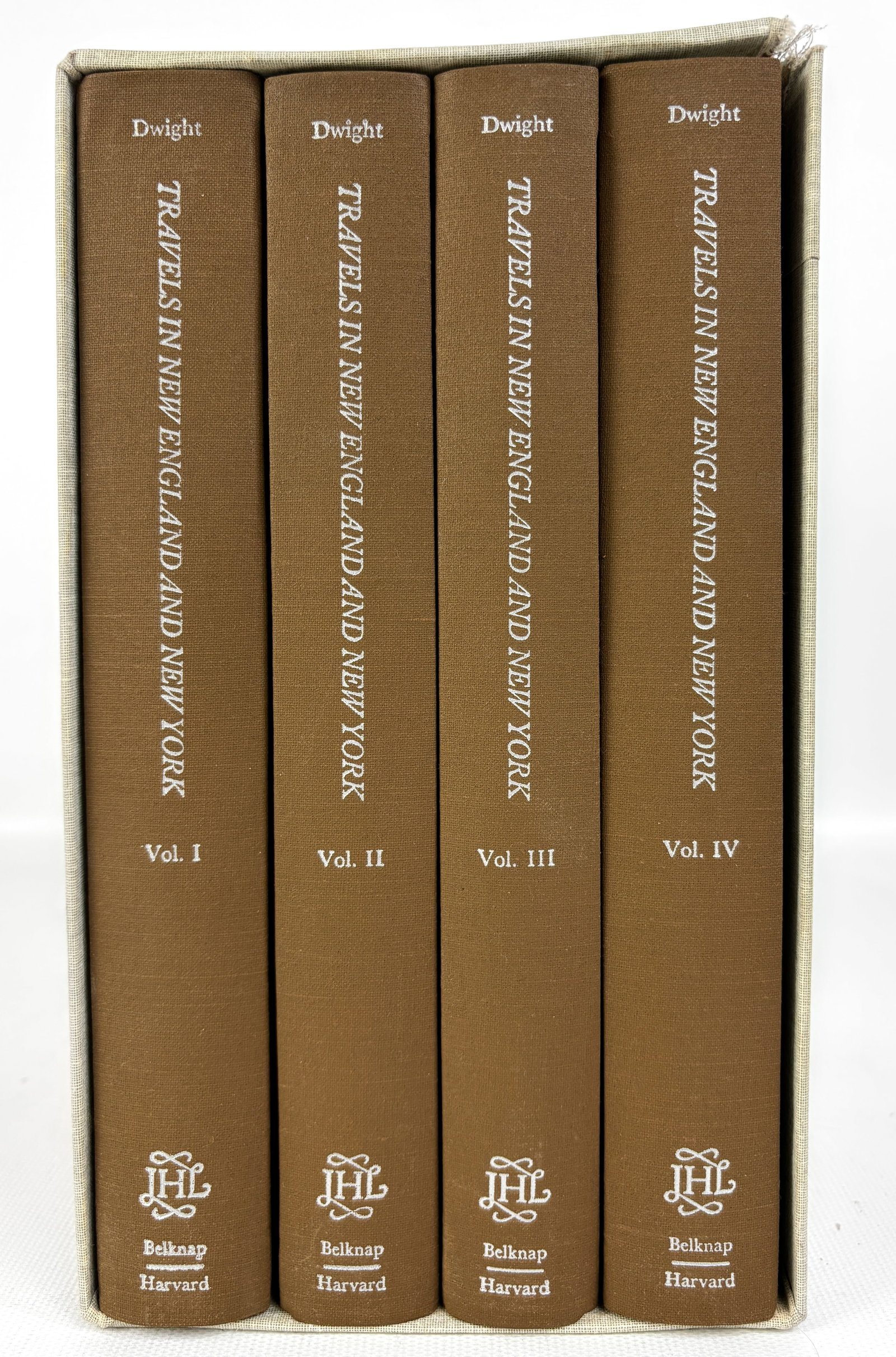 Travels in New England and New York - In Slipcase: Dwight, Timothy. Travels in New England and New York. 4 Volumes. Cambridge, Mass.: Harvard University Press, 1969. Original brown cloth with silver gilt lettering to spines. All volumes near fine. Sli