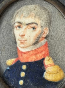Antique Portrait Miniature of a Military Officer Framed Watercolor Oval Painting