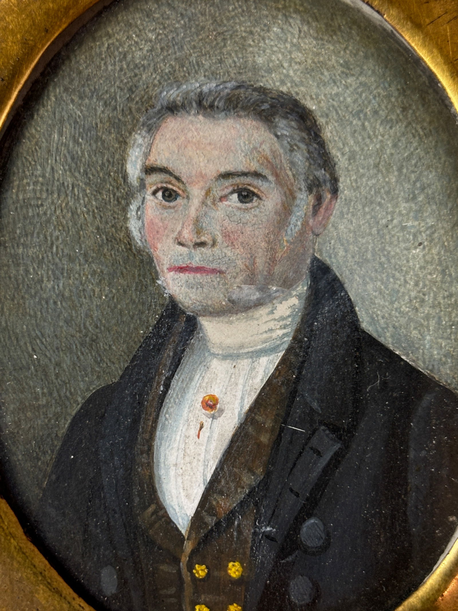 Captain Elisha Hinman Framed Antique Miniature Watercolor Portrait Painting (1 of 3)