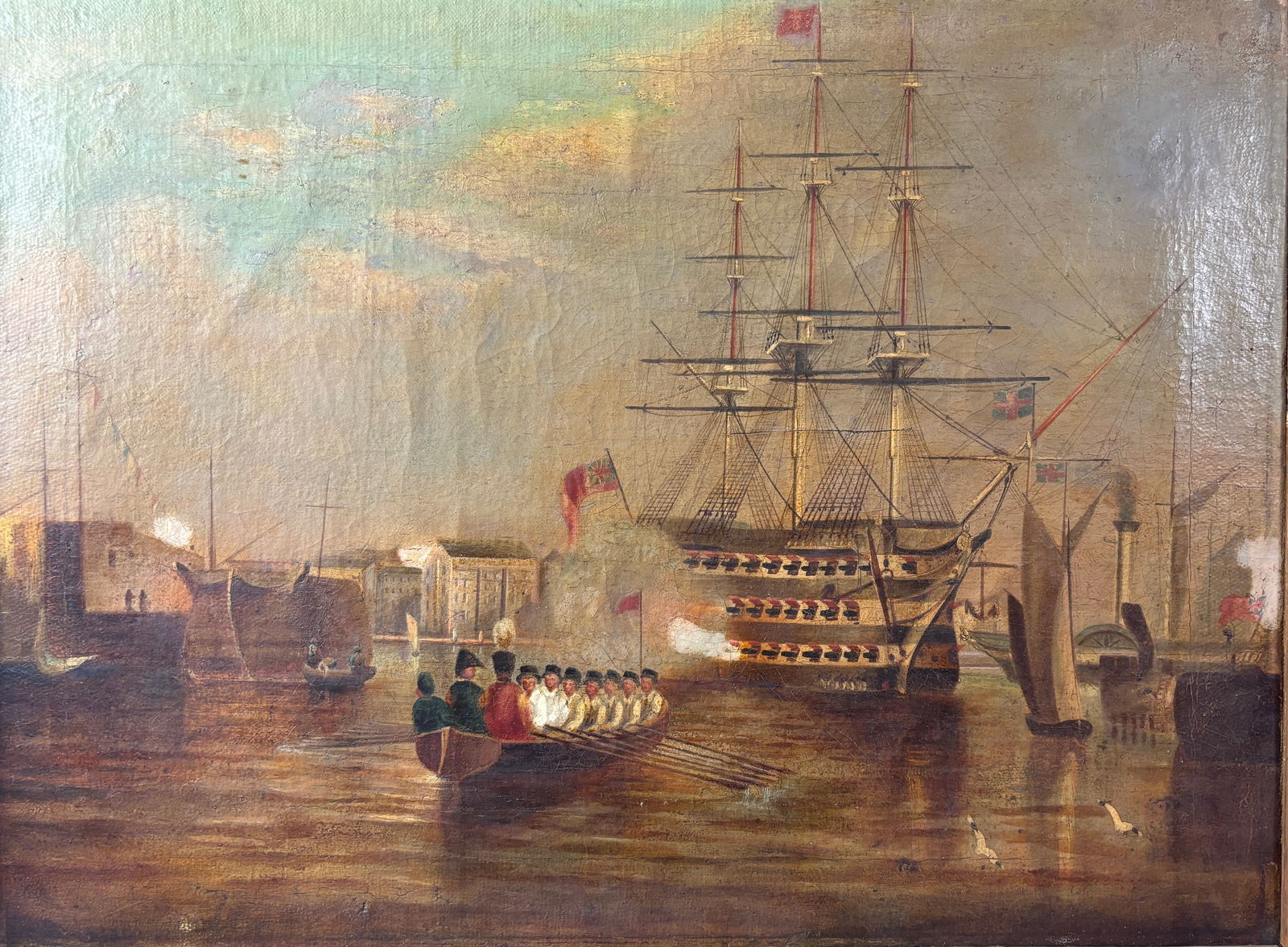 British Ship Firing in Harbour 19thC Oil on Canvas Maritime Painting w/Frame (1 of 5)