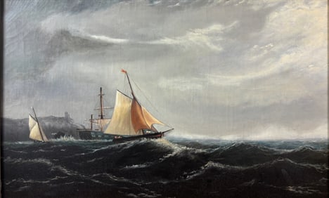 Ships in a Storm Antique 19thC Framed Oil on Canvas Maritime Painting