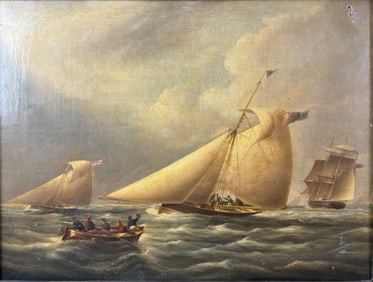 19thC Oil on Canvas English Cutter and Frigate Ships at Sea Framed Maritime Painting