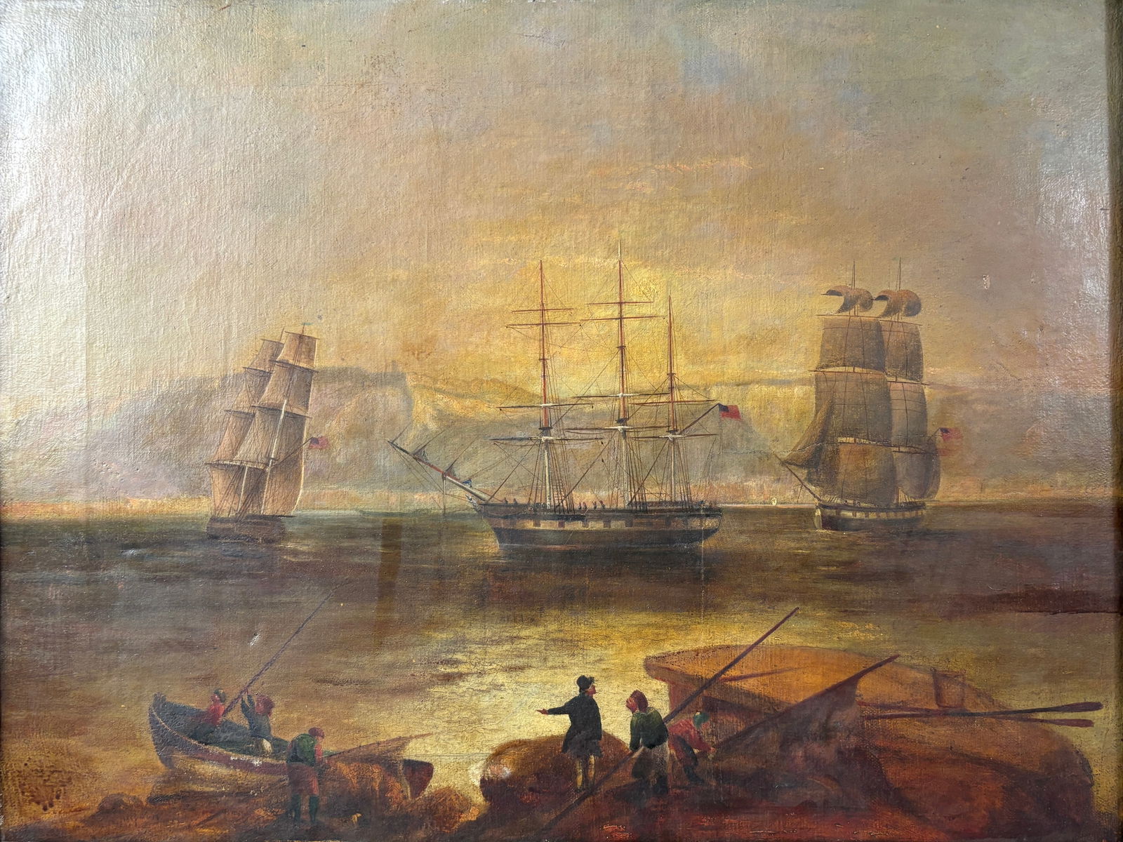 19thC Maritime Oil on Canvas Framed Painting Three Sailing Ships (1 of 4)