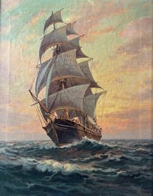 Bailey, T. Oil on Canvas Framed Maritime Painting-Sailing Ship on Ocean Waves