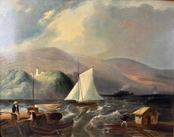 Hudson River School Oil on Wood Panel Painting: Lighthouse near Caldwells Landing 1851