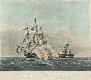 Framed Lithograph Maritime Print by HAVELL of the Java & Constitution in Battle #2