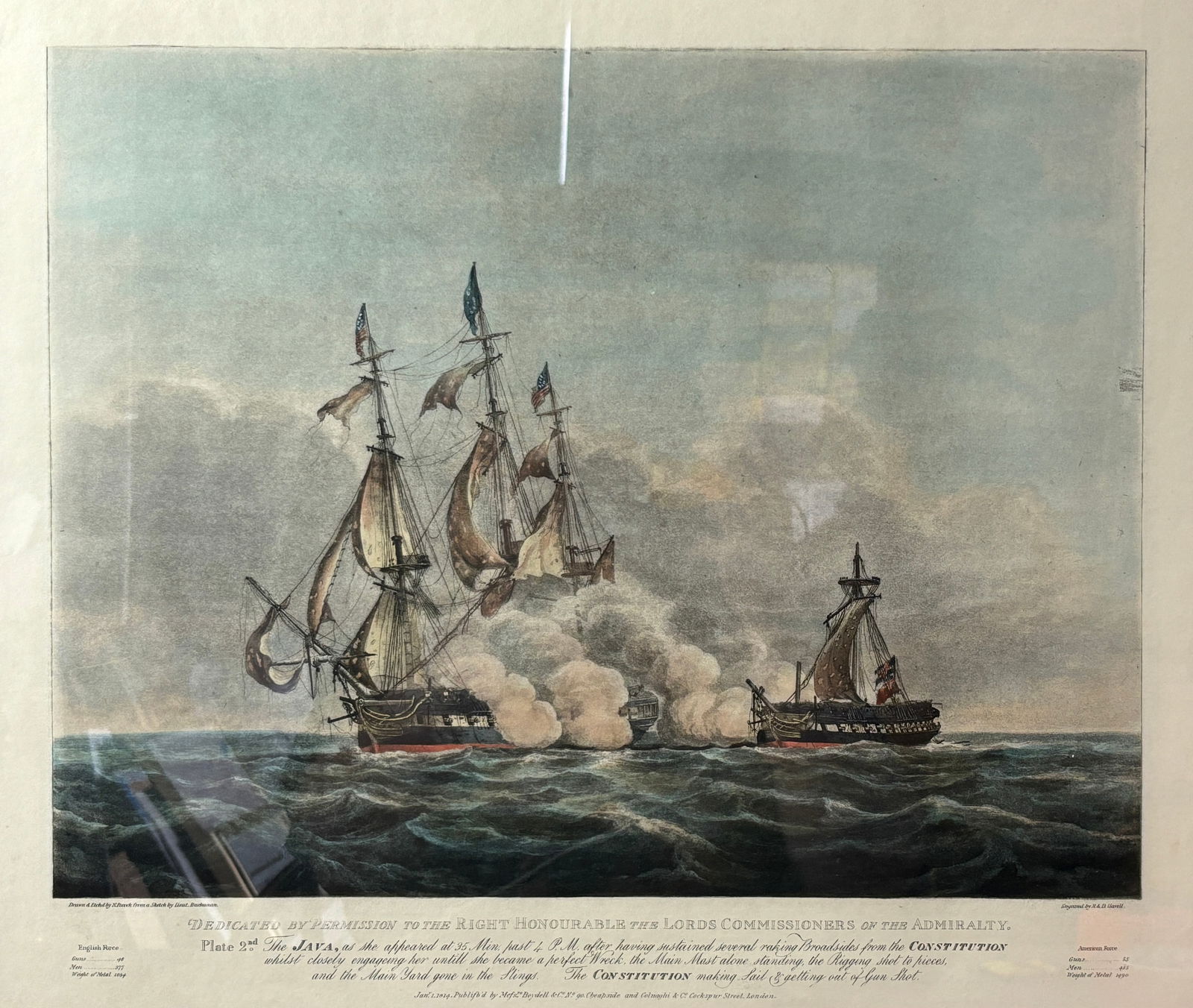 Framed Lithograph Maritime Print by HAVELL of the Java & Constitution in Battle #2 (1 of 6)