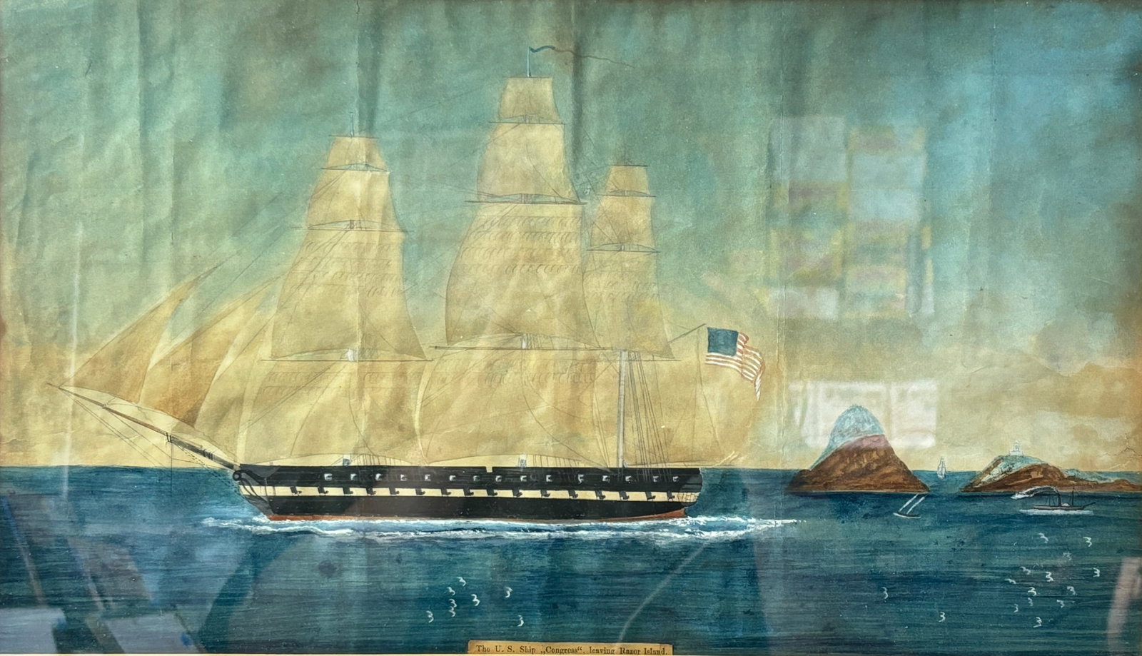 Early 19thC Framed Watercolor Painting: The U.S. Navy Frigate Gun Ship Congress Leaving Razor Island: Ca. first quarter 19thC. Sight size 17 1/2 x 10. We do not provide in-house shipping! Please reach out to Donald Camden at UPS Store 4608 or refer to our list of preferred shippers for a quote. Donald