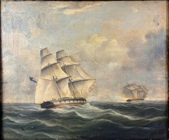 Antique English Oil on Canvas Painting Maritime Frigate Man of War Pursuing Enemy