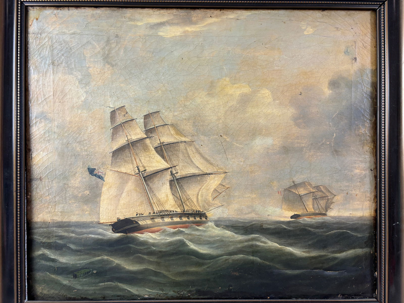 Antique English Oil on Canvas Painting Maritime Frigate Man of War Pursuing Enemy (1 of 5)