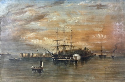 Antique Framed Oil Gouache Maritime Painting on Paper: Man-O-War in Harbor Framed