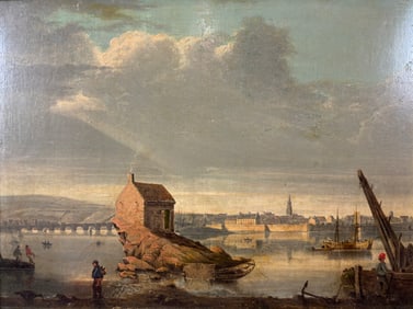 Evans, Richard. 19thC Framed Maritime Oil Painting on Wood Panel: Berwick Bridge