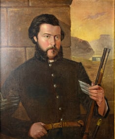 Antique 19thC Oil on Board Framed Painting of an Indian Wars Soldier w/Snake Buckle