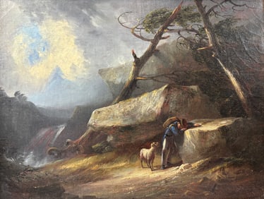 Antique Continental School Framed Oil on Canvas Painting Lost Soldier Resting