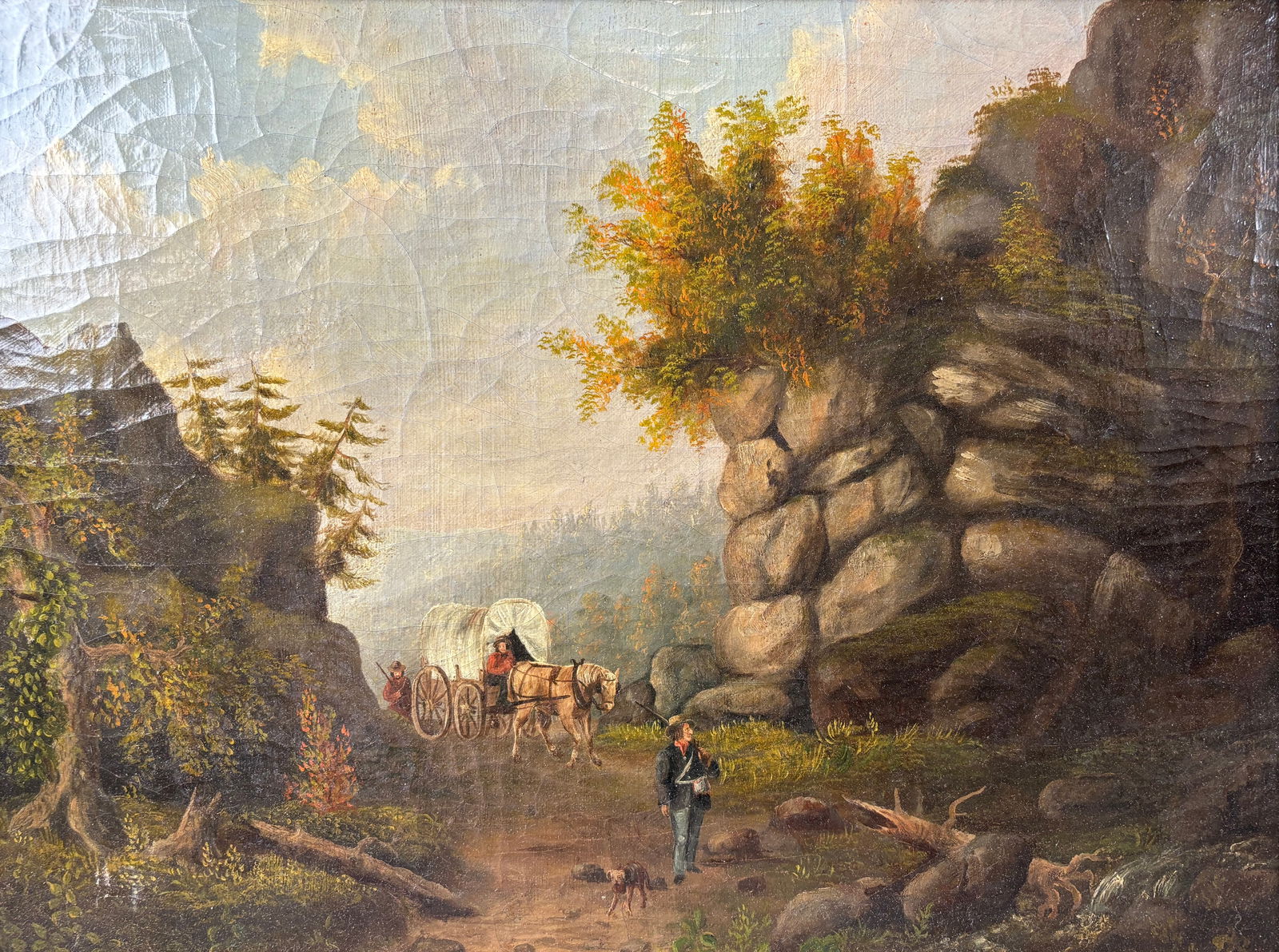 Savage, R.A. Westward Expansion Landscape w/Covered Wagon Framed Oil on Canvas Painting (1 of 5)