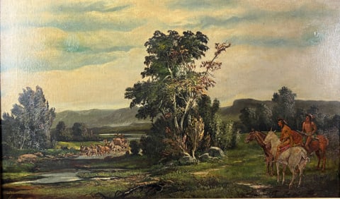 Large 19thC Native American Indians on Horseback Overlooking Stagecoach Landscape Painting