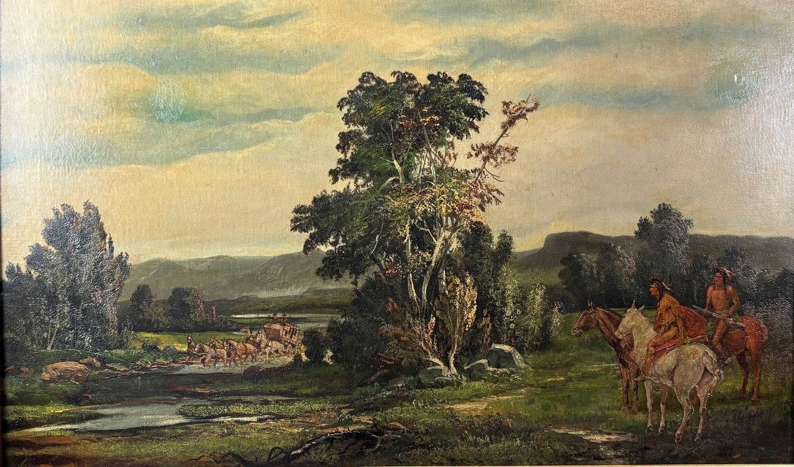 Large 19thC Native American Indians on Horseback Overlooking Stagecoach Landscape Painting (1 of 11)