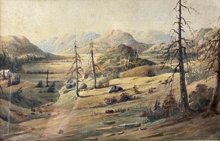 19thC American West Mountain Valley Landscape w/Log Cabin Framed Watercolor Painting