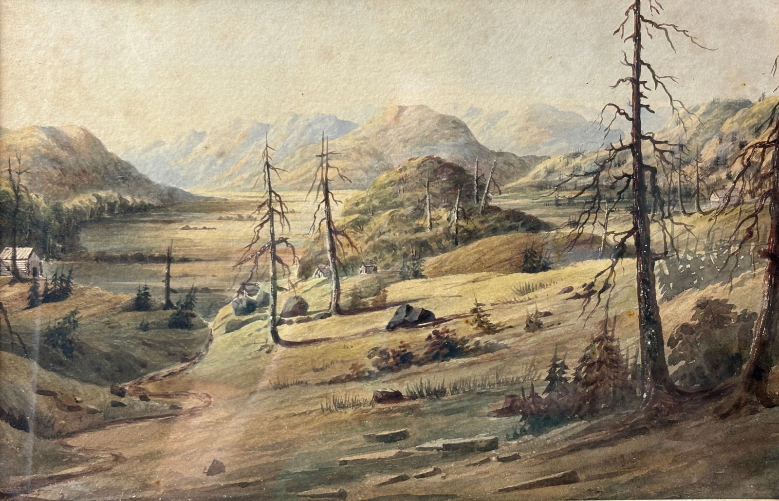 19thC American West Mountain Valley Landscape w/Log Cabin Framed Watercolor Painting (1 of 4)
