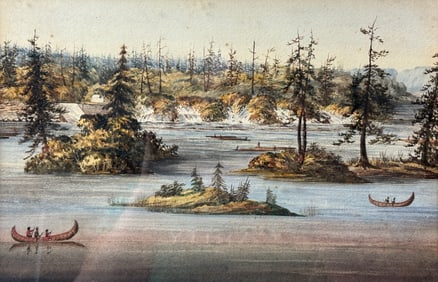 19thC American West Dammed River Landscape w/Indian Canoes and Loggers Framed Watercolor Painting