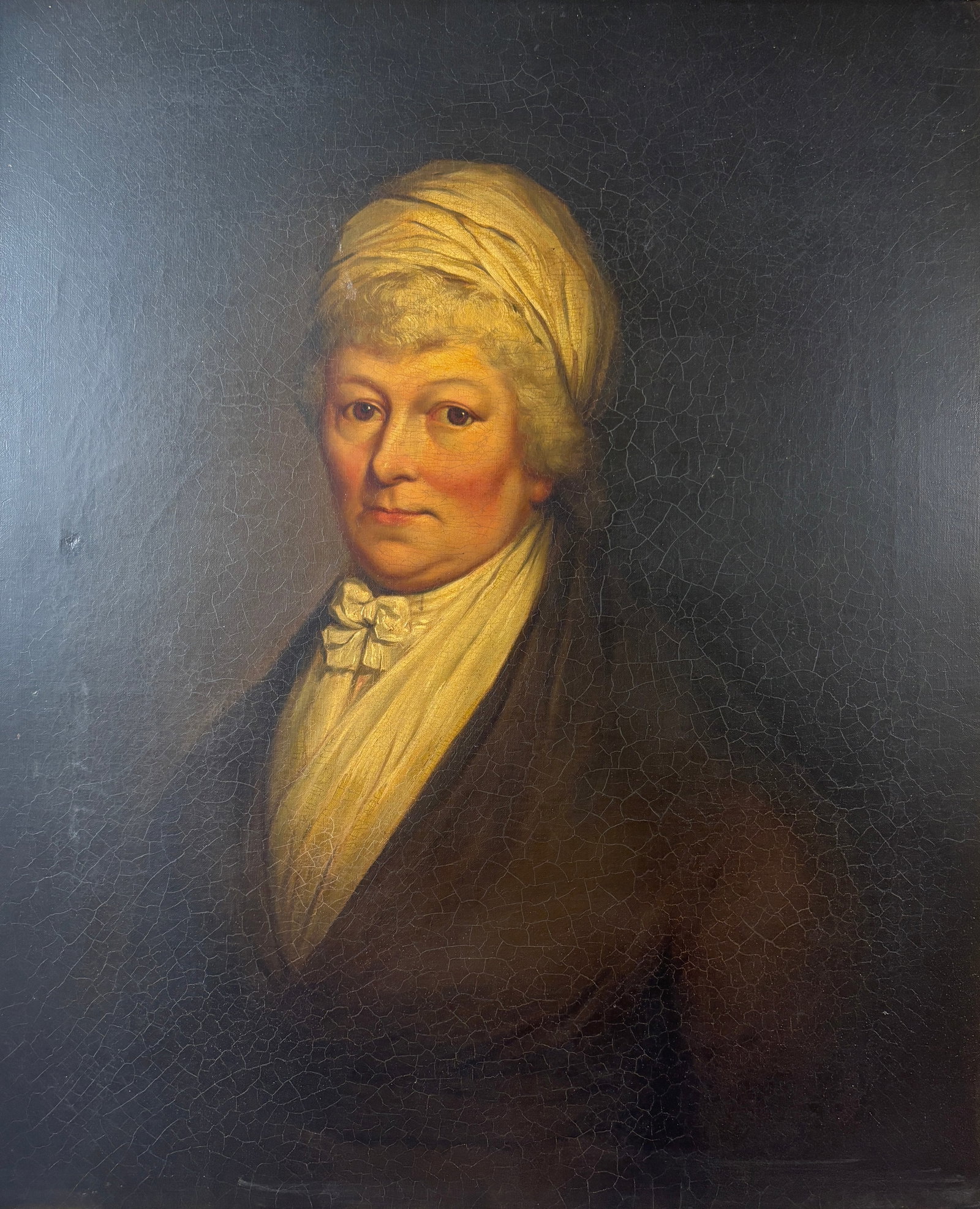 Early 19thC Portrait Mature Woman Framed Oil on Canvas Painting: Ca. first half 20thC. Appears to be in fine condition. Stretcher size 23 1/2 x 28 1/2. Excellent condition period framed c. 1850s with resolved corners. We do not provide in-house shipping! Please rea