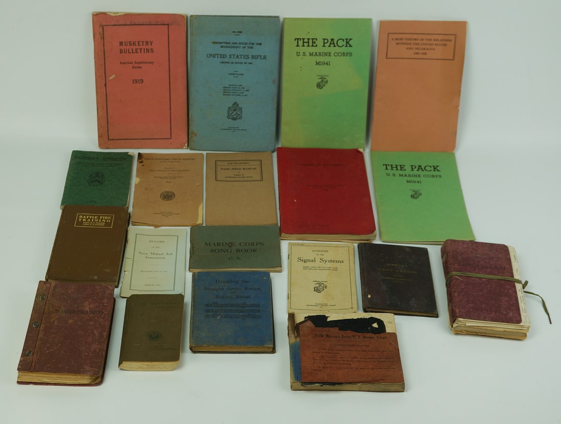 Early 20thC US Marines Military Pamphlets, Manuals & Ephemera WWI Nicaragua & More: Group of scarce and early 20th Century US Military Books, Manuals and Ephemera, most gov't printed manuals and pamphlets. . See photos for further details. Most pieces in poor to fair condition with c